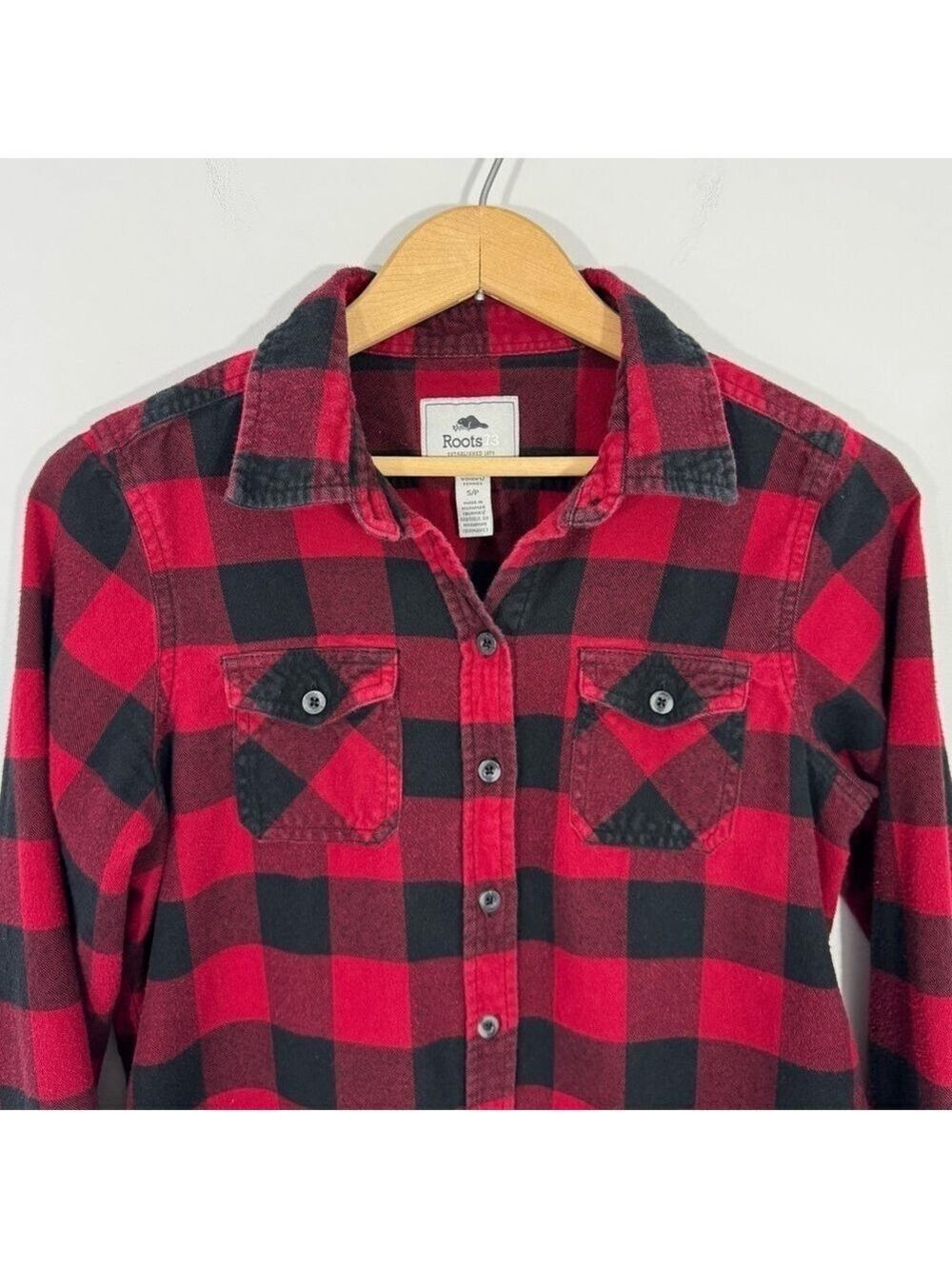 Roots Buffalo Plaid Flannel Shirt Womens S Black Red Check Long Sleeve Button Up - Picture 2 of 11